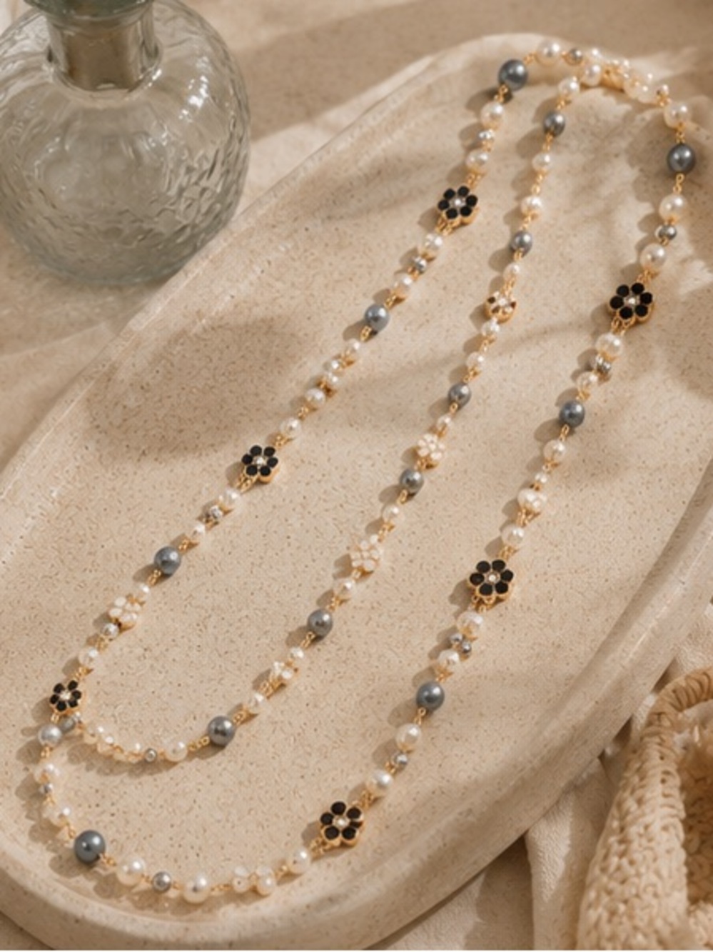 Gray Pearl & Floral Layered Necklace – Designer Inspired